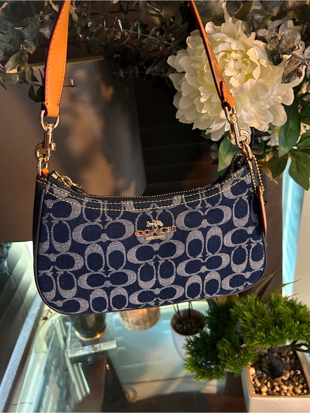 Coach Navy Signature Jacquard Mini Shoulder Bag with Tan Strap